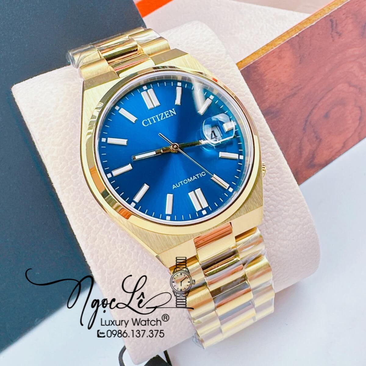 Đồng Hồ Nam Citizen Tự Động Dây Kim Loại Vàng Mặt Xanh Dương Size 39mm