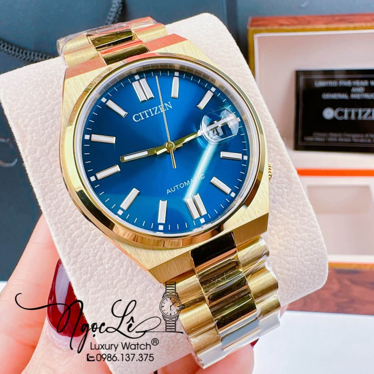 Đồng Hồ Nam Citizen Tự Động Dây Kim Loại Vàng Mặt Xanh Dương Size 39mm