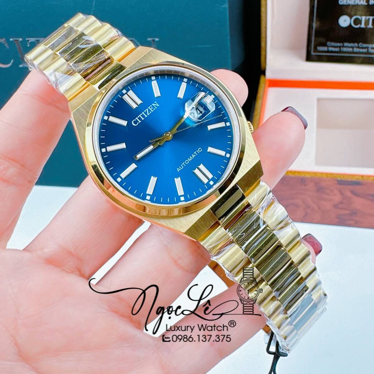 Đồng Hồ Nam Citizen Tự Động Dây Kim Loại Vàng Mặt Xanh Dương Size 39mm