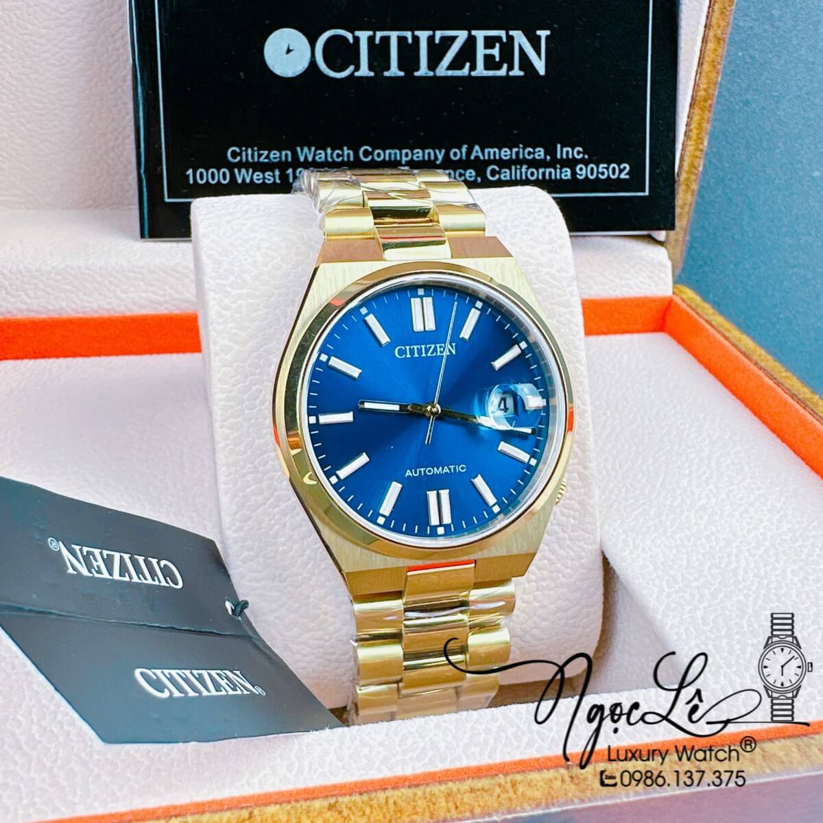 Đồng Hồ Nam Citizen Tự Động Dây Kim Loại Vàng Mặt Xanh Dương Size 39mm