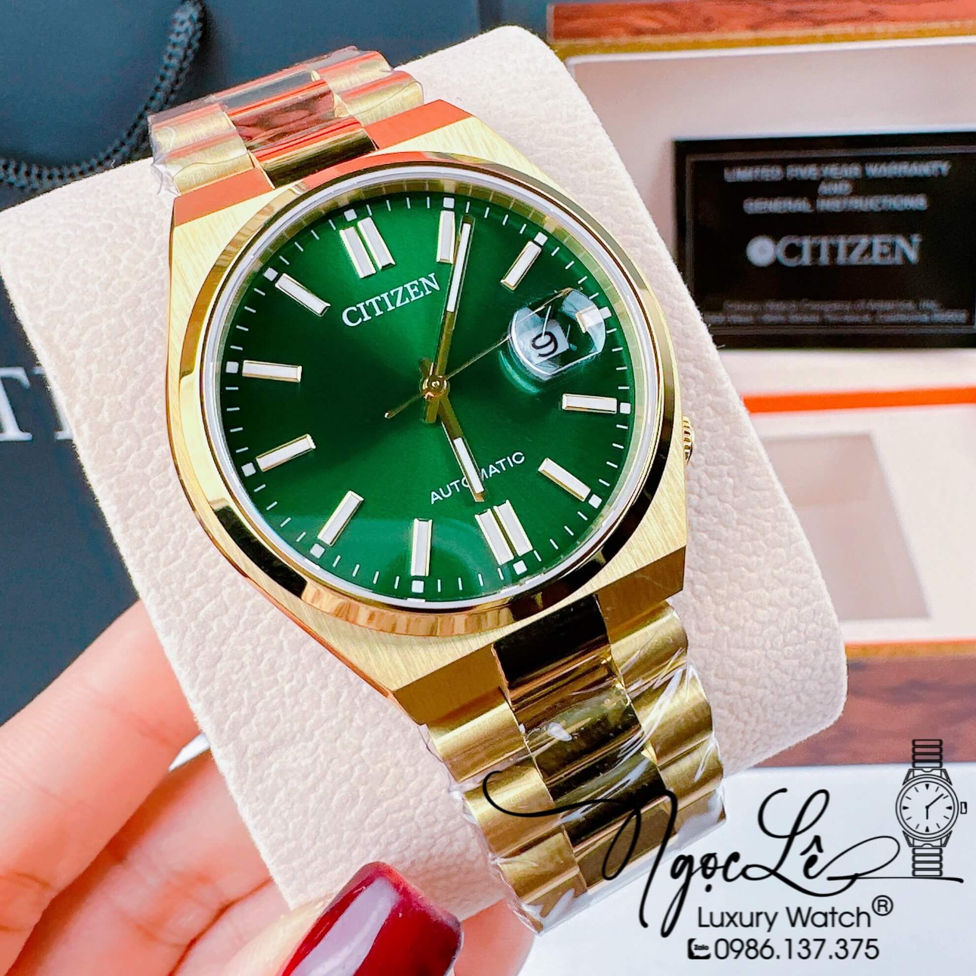 Đồng Hồ Nam Citizen Tự Động Dây Kim Loại Vàng Mặt Xanh Lá Size 39mm