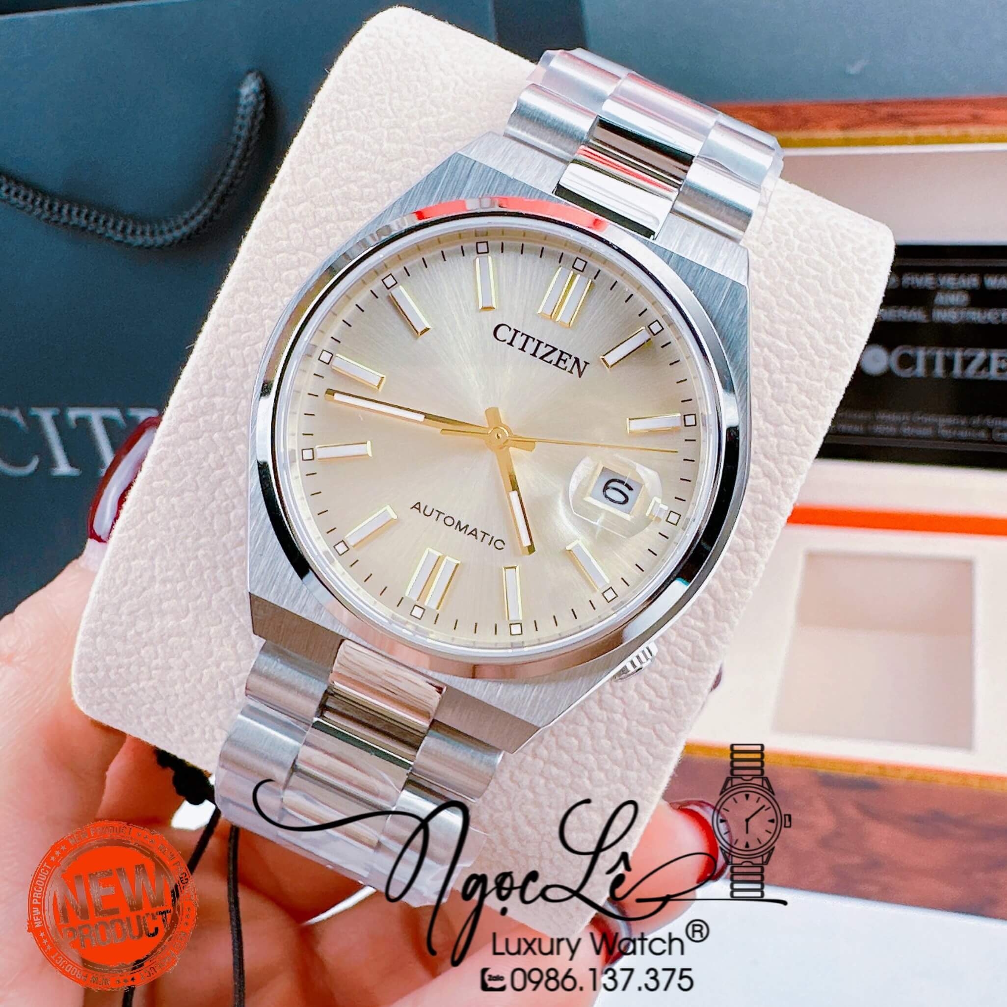 Đồng Hồ Nam Citizen Tự Động Dây Kim Loại Silver Mặt Trắng Kem Size 39mm