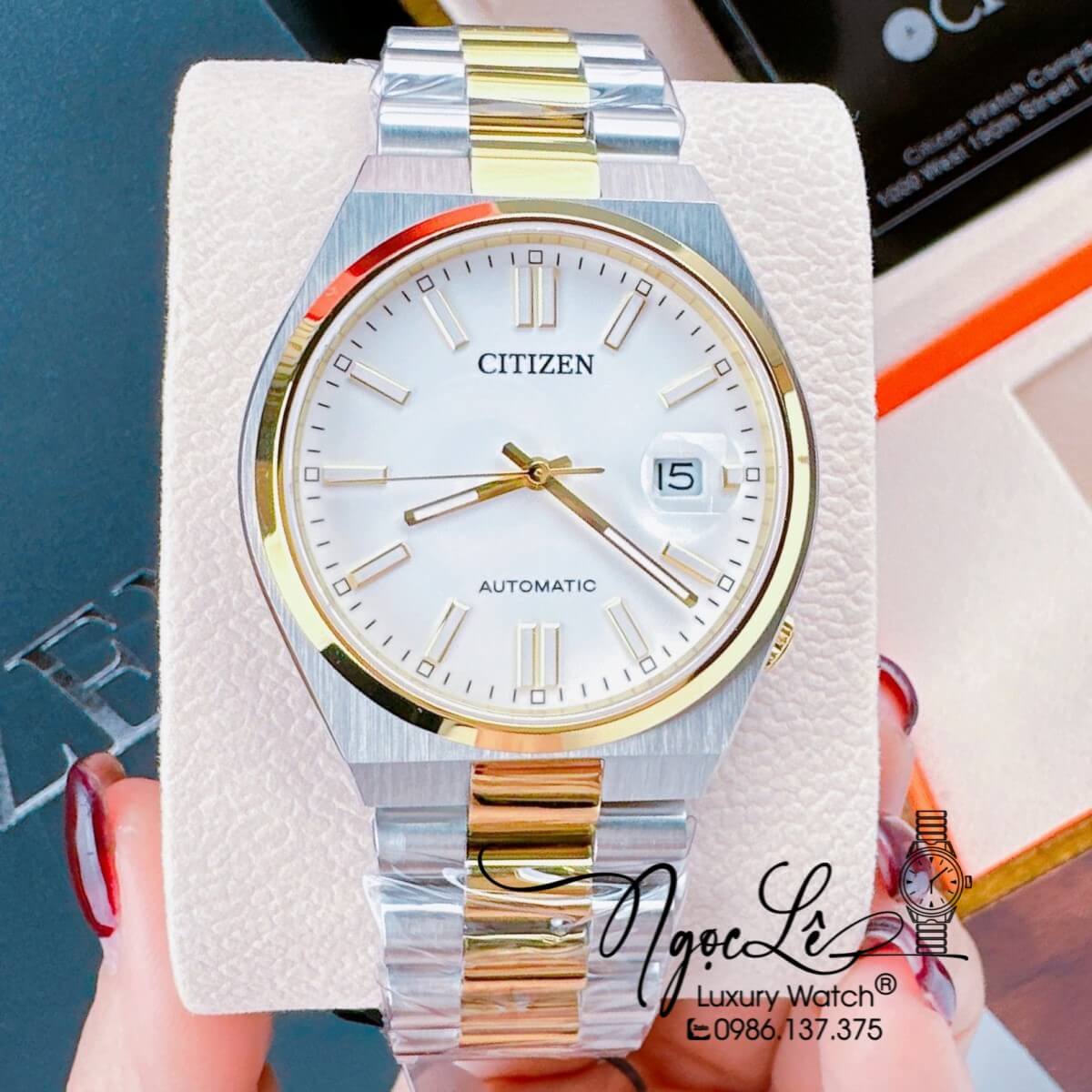 Đồng Hồ Nam Citizen Tự Động Dây Kim Loại Demi Vàng Mặt Trắng Size 39mm