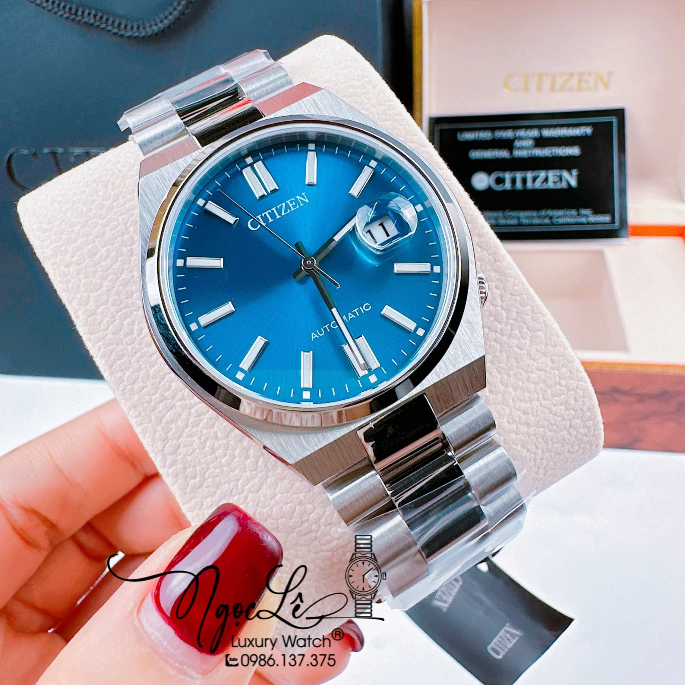 Đồng Hồ Nam Citizen Tự Động Dây Kim Loại Silver Mặt Xanh Dương Size 39mm