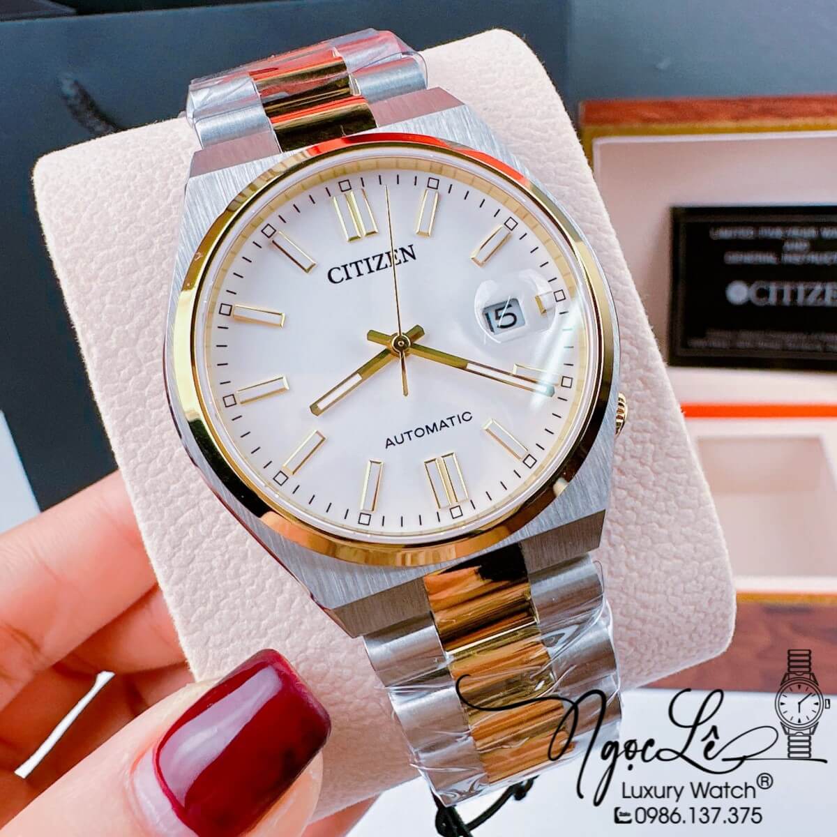 Đồng Hồ Nam Citizen Tự Động Dây Kim Loại Demi Vàng Mặt Trắng Size 39mm