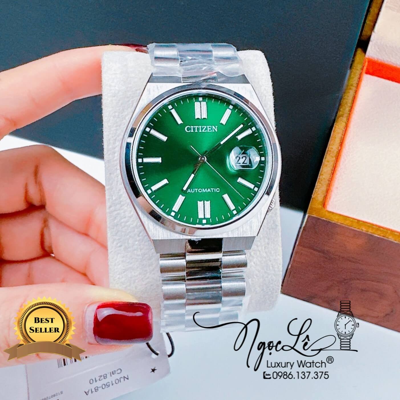 Đồng Hồ Nam Citizen Tự Động Dây Kim Loại Silver Mặt Xanh Lá Size 39mm