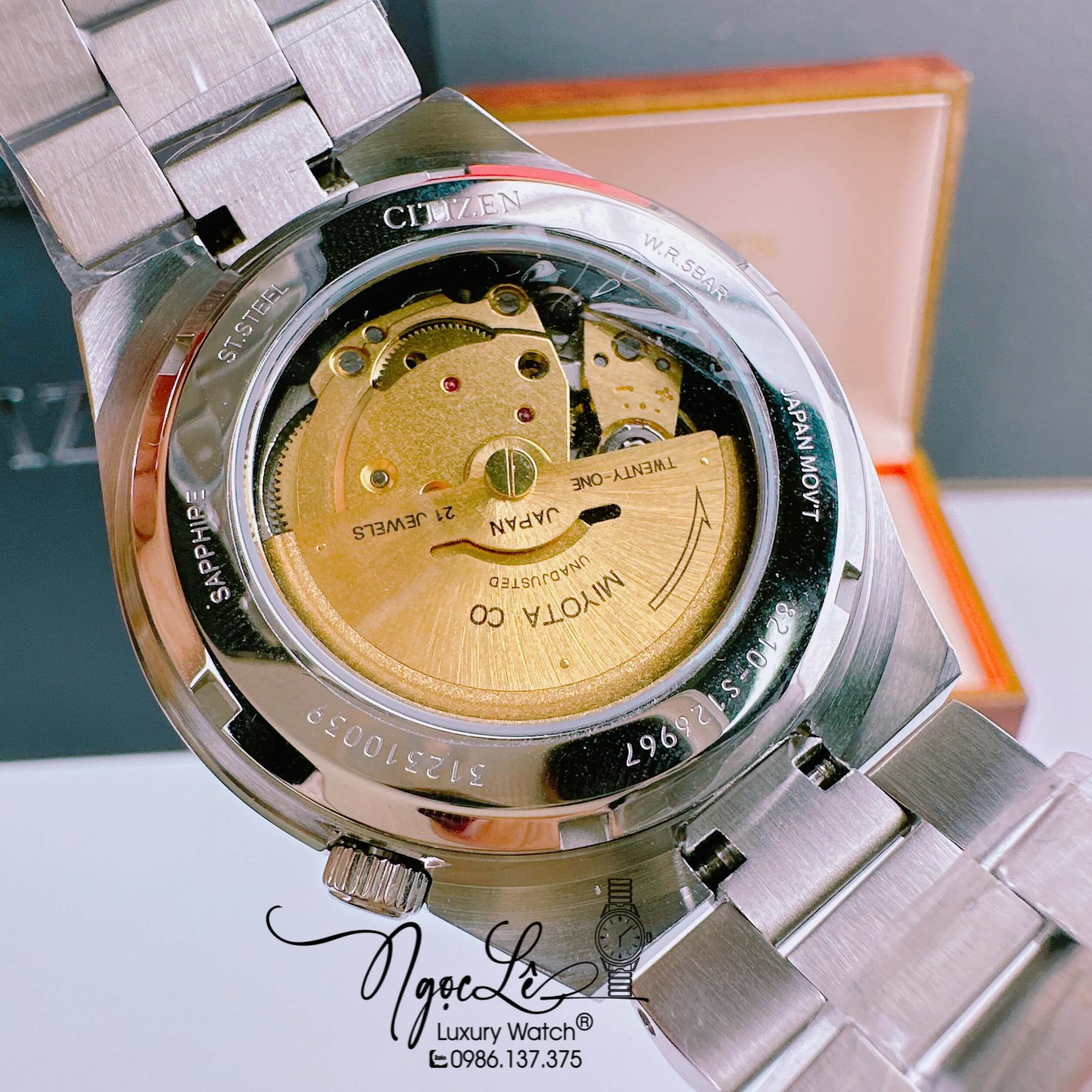 Đồng Hồ Nam Citizen Tự Động  Dây Kim Loại Silver Mặt Đen Size 39mm