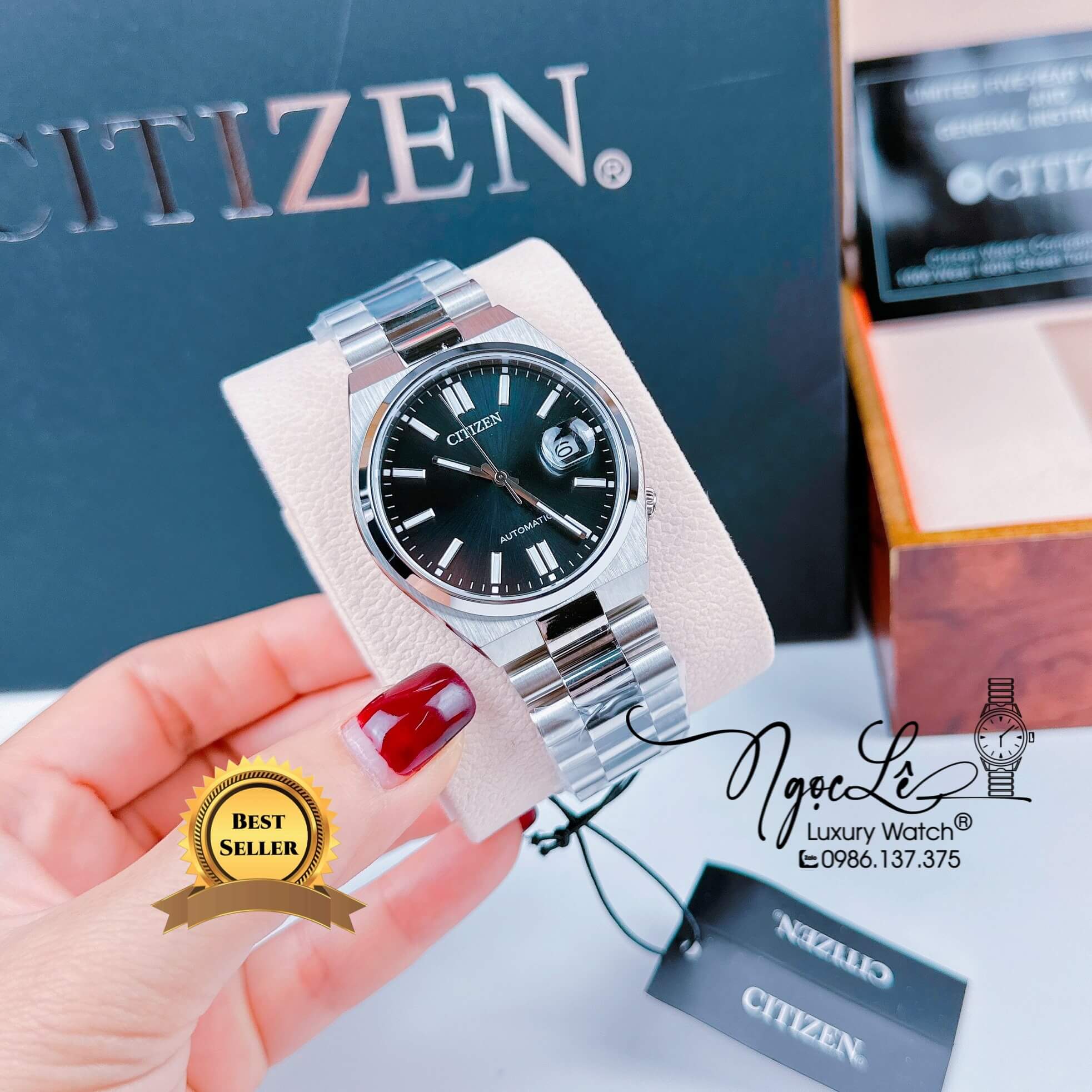 Đồng Hồ Nam Citizen Tự Động  Dây Kim Loại Silver Mặt Đen Size 39mm
