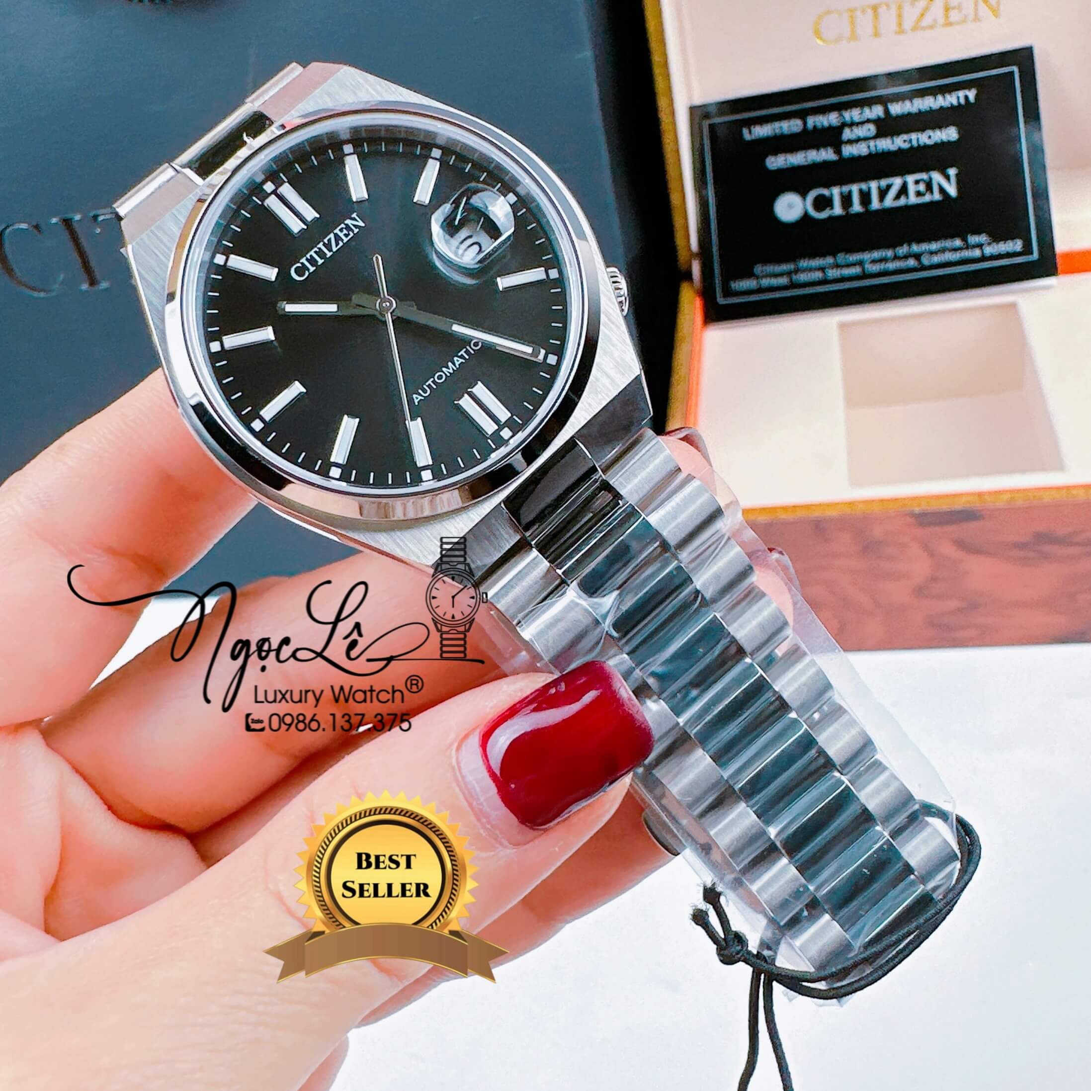 Đồng Hồ Nam Citizen Tự Động  Dây Kim Loại Silver Mặt Đen Size 39mm