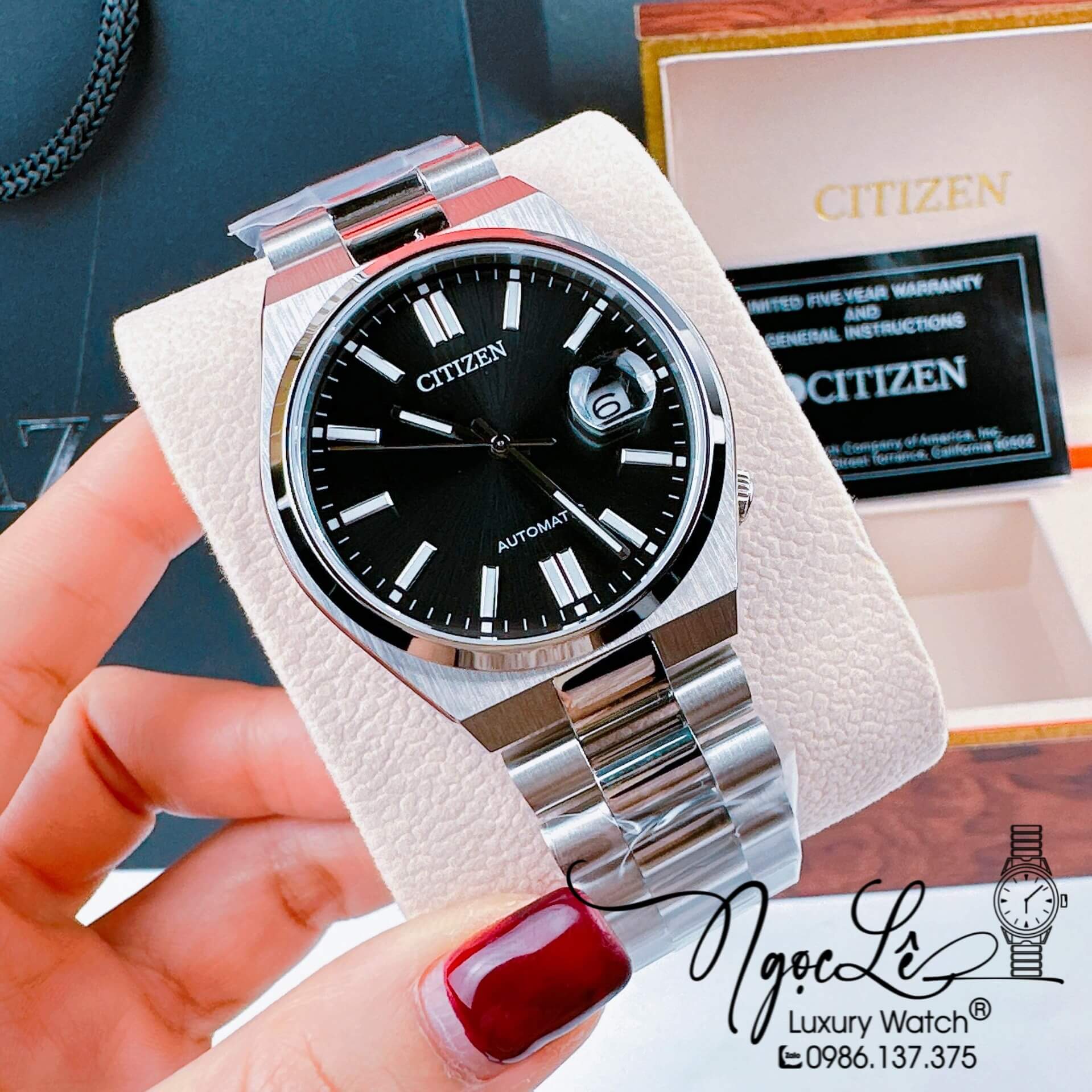 Đồng Hồ Nam Citizen Tự Động Dây Kim Loại Silver Mặt Đen Size 39mm