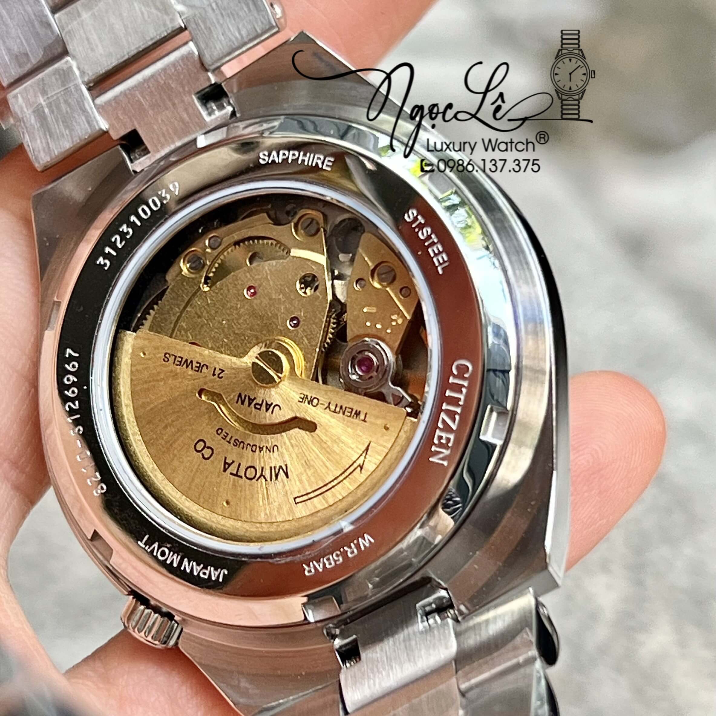 Đồng Hồ Nam Citizen Tự Động  Dây Kim Loại Silver Mặt Đen Size 39mm