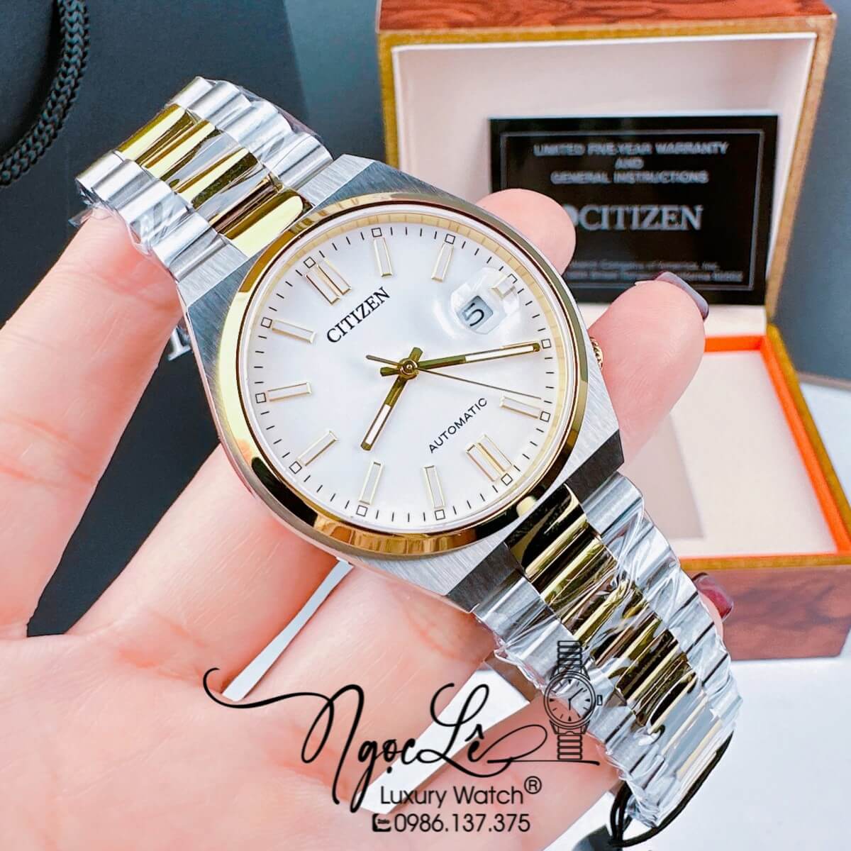 Đồng Hồ Nam Citizen Tự Động Dây Kim Loại Demi Vàng Mặt Trắng Size 39mm
