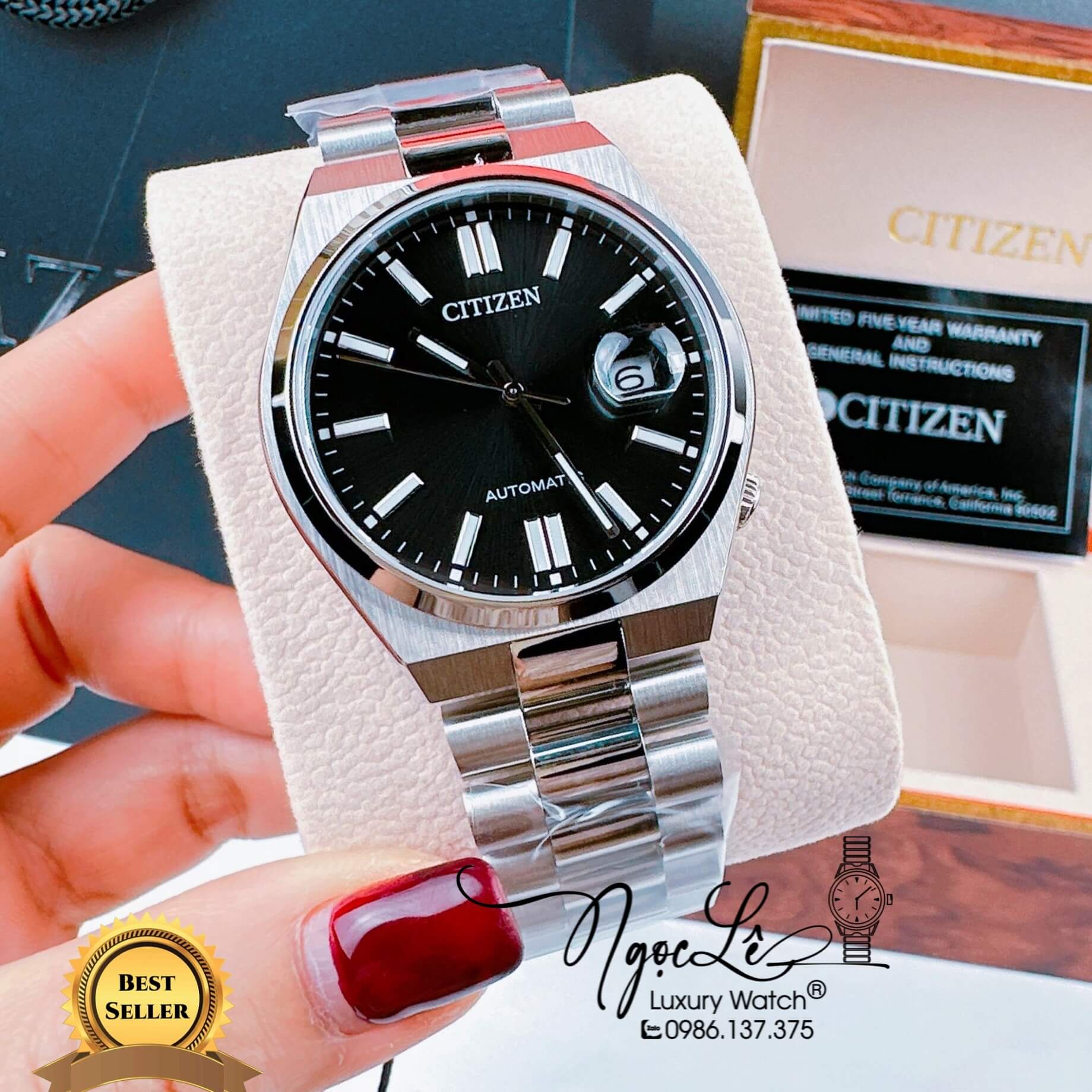 Đồng Hồ Nam Citizen Tự Động  Dây Kim Loại Silver Mặt Đen Size 39mm