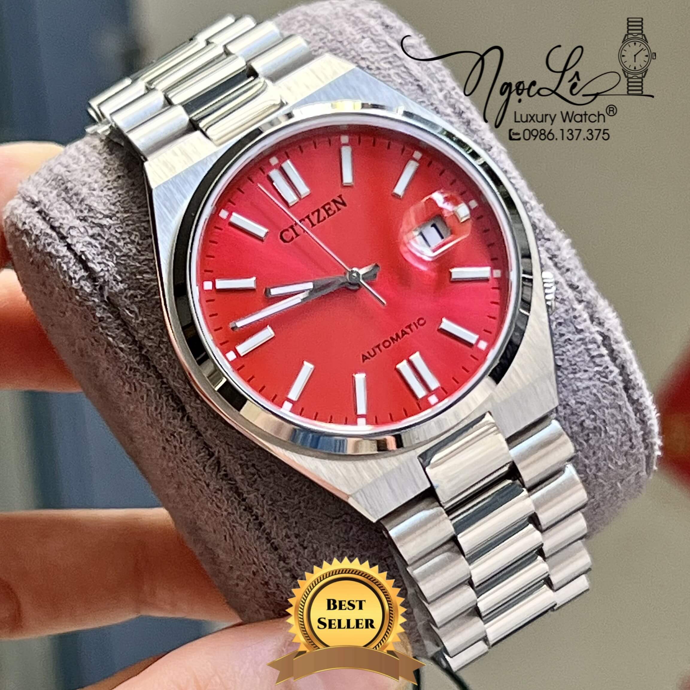 Đồng Hồ Nam Citizen Tự Động  Dây Kim Loại Silver Mặt Đỏ Size 39mm