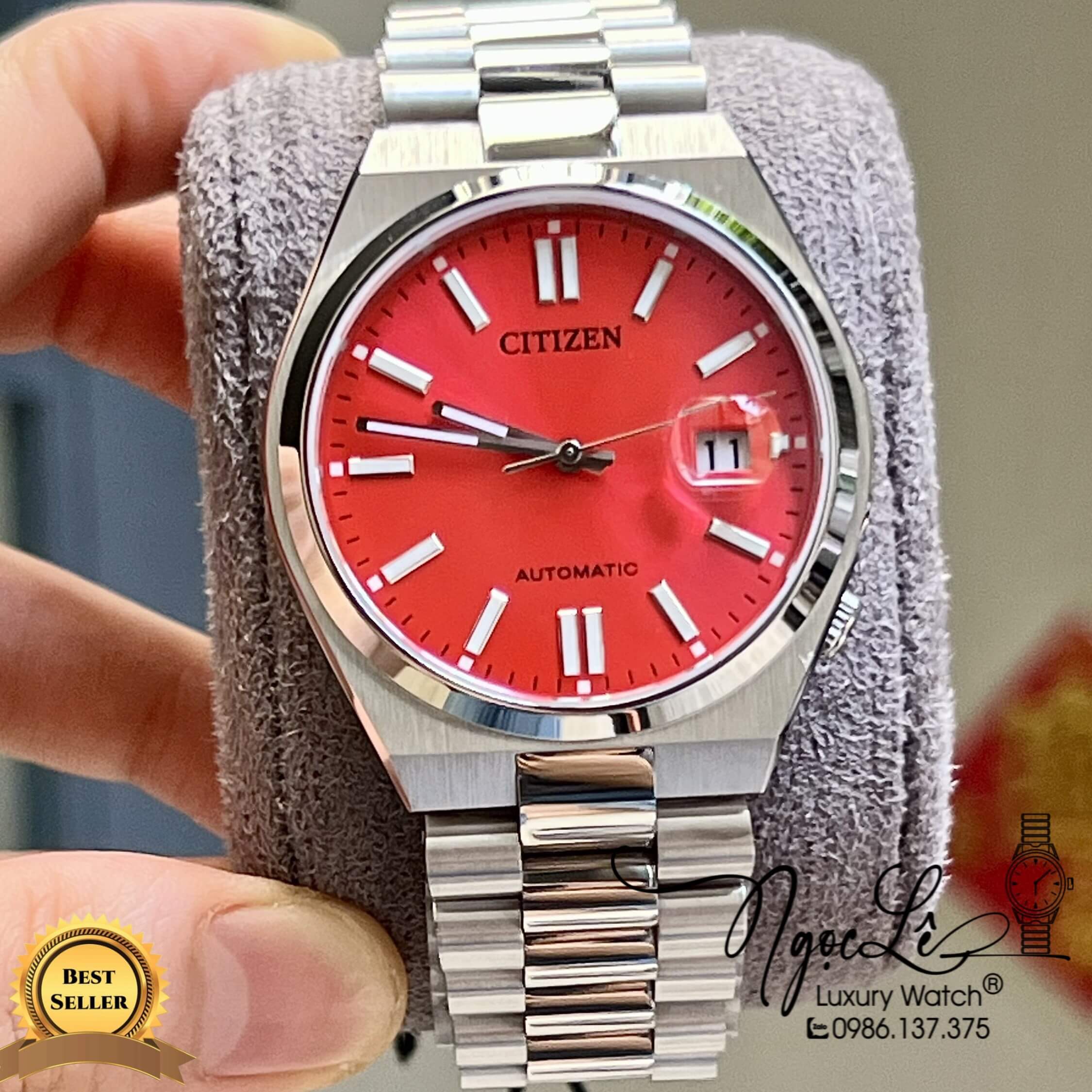 Đồng Hồ Nam Citizen Tự Động  Dây Kim Loại Silver Mặt Đỏ Size 39mm