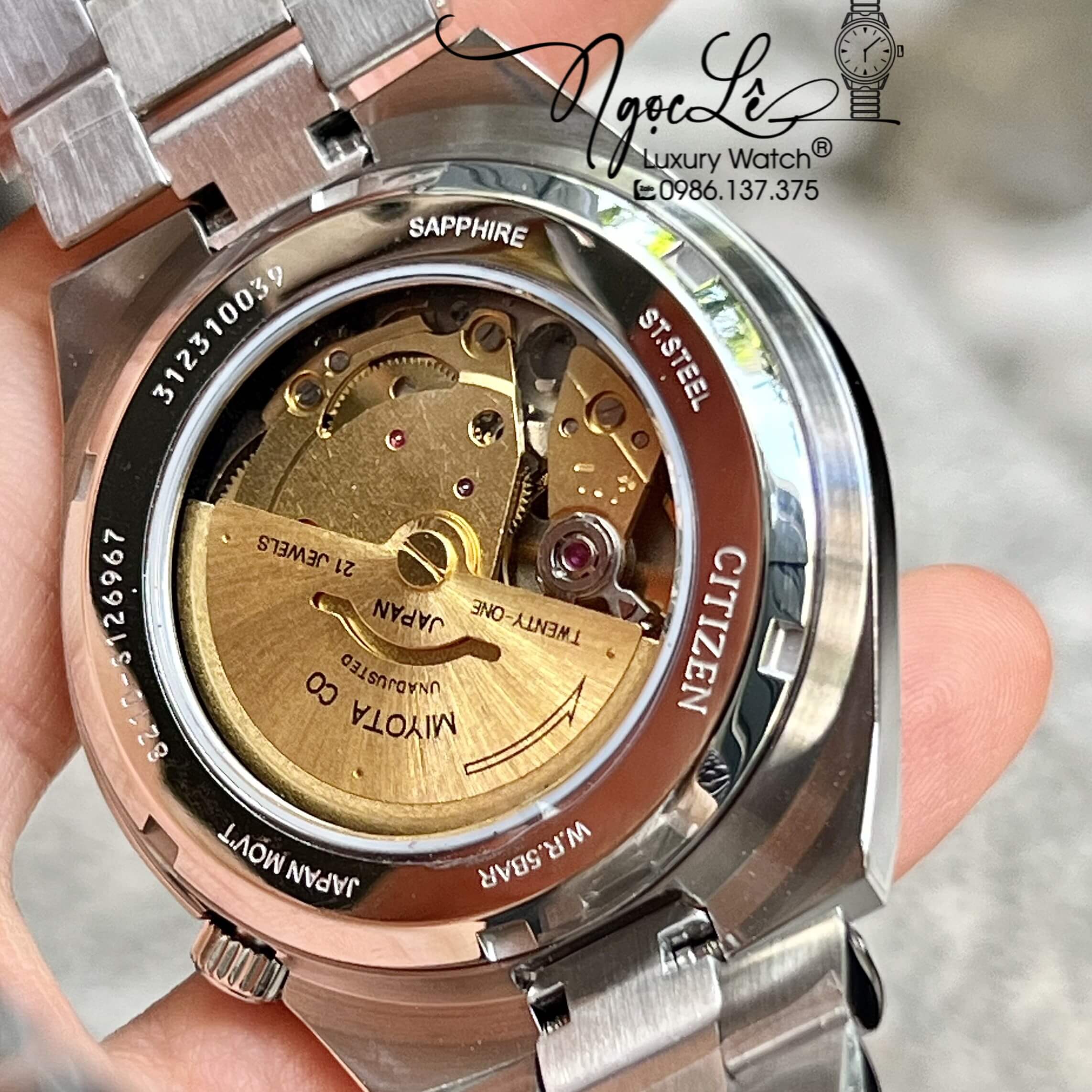Đồng Hồ Nam Citizen Tự Động Dây Kim Loại Demi Vàng Mặt Trắng Size 39mm