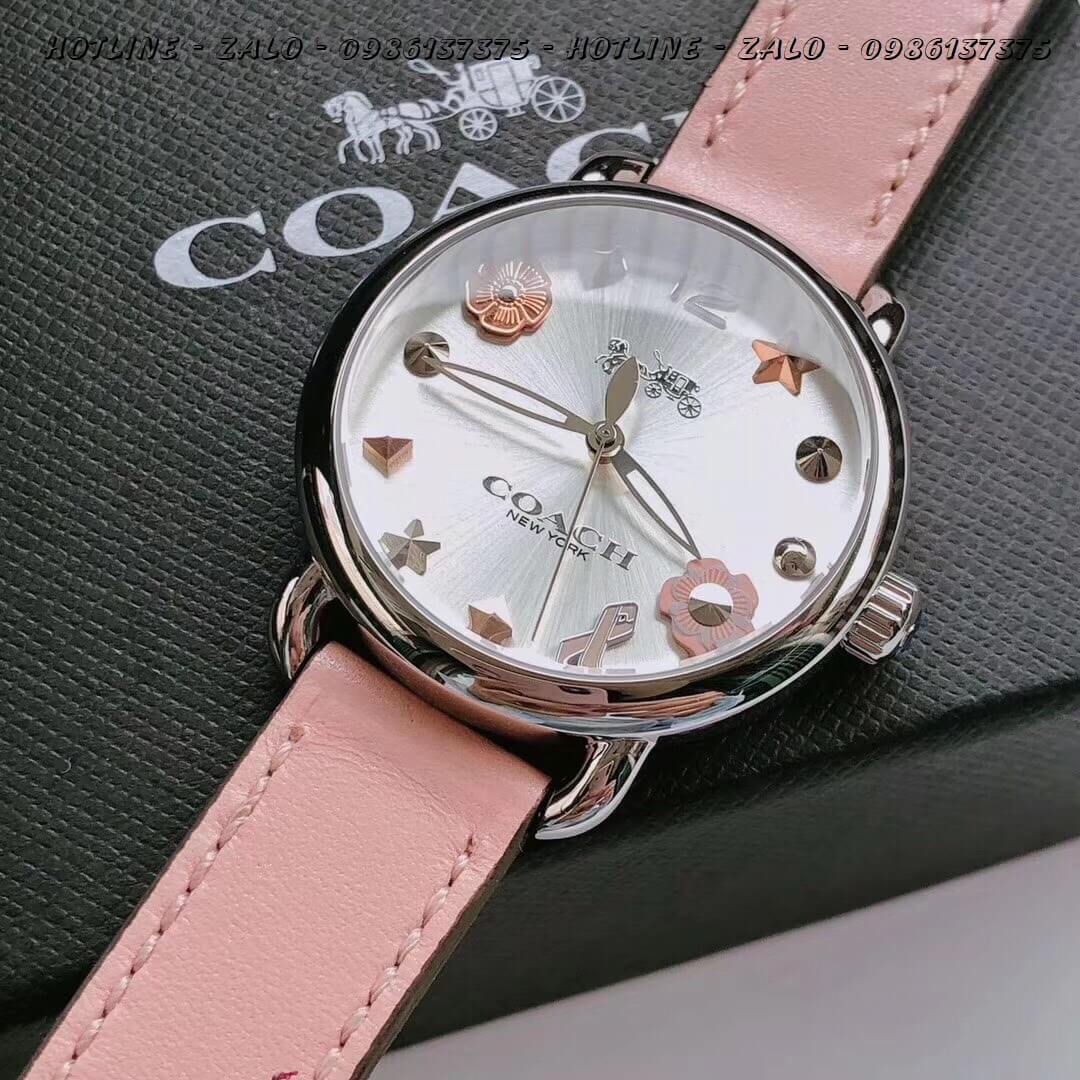 Đồng Hồ Coach Nữ Dây Da Hồng Mặt Trơn Đính Icon 35mm