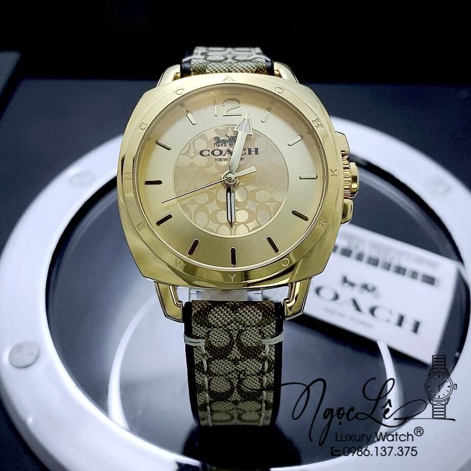 Đồng Hồ Nữ Hiệu Coach Dây Da Màu Xám Nâu Vỏ Vàng Gold Size 35mm