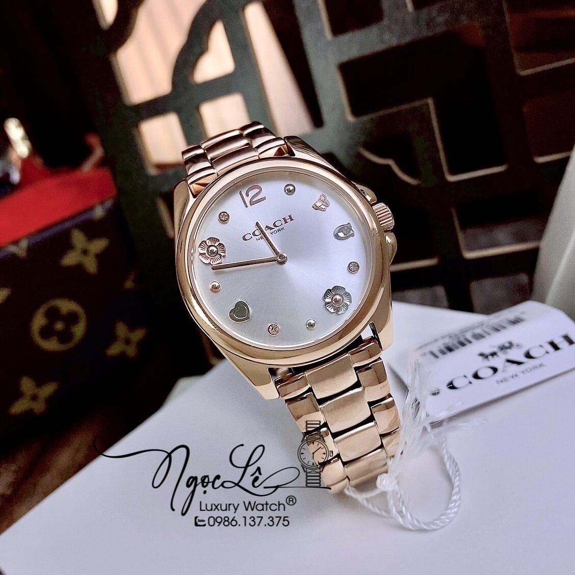 Đồng Hồ Nữ Hiệu Coach Dây Kim Loại Vàng Hồng Mặt Icon Size 37mm