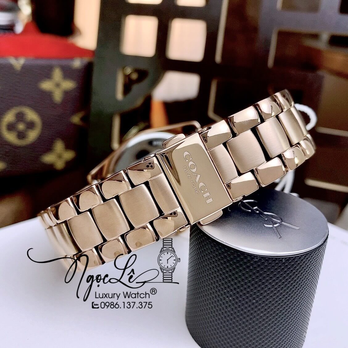 Đồng Hồ Nữ Hiệu Coach Dây Kim Loại Vàng Hồng Mặt Icon Size 37mm