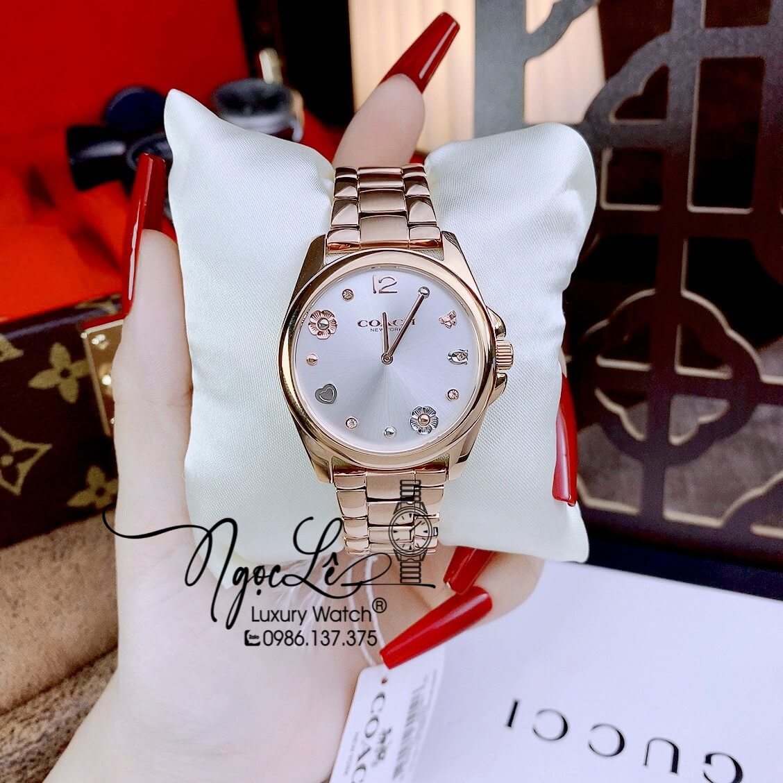 Đồng Hồ Nữ Hiệu Coach Dây Kim Loại Vàng Hồng Mặt Icon Size 37mm