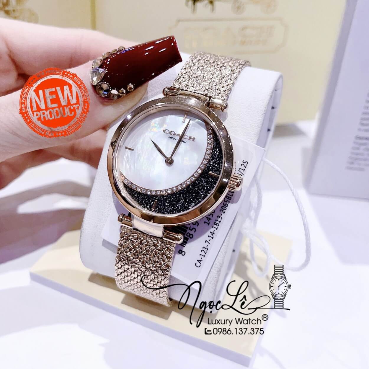 Đồng Hồ Nữ Hiệu Coach Dây Mesh Rose Mặt Trăng Sao Size 36mm