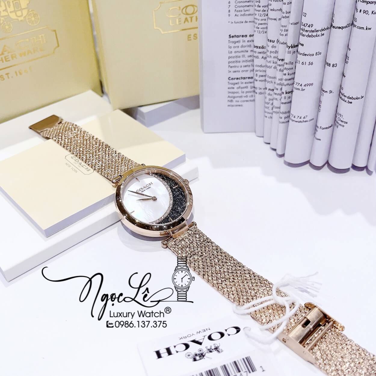 Đồng Hồ Nữ Hiệu Coach Dây Mesh Rose Mặt Trăng Sao Size 36mm