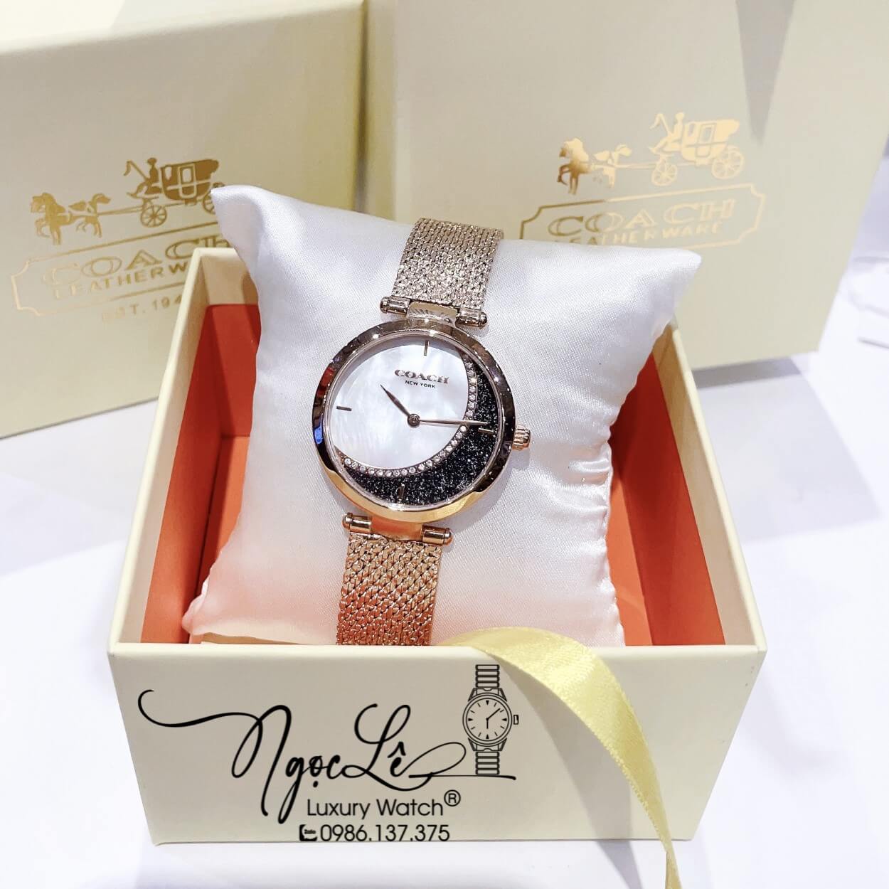 Đồng Hồ Nữ Hiệu Coach Dây Mesh Rose Mặt Trăng Sao Size 36mm