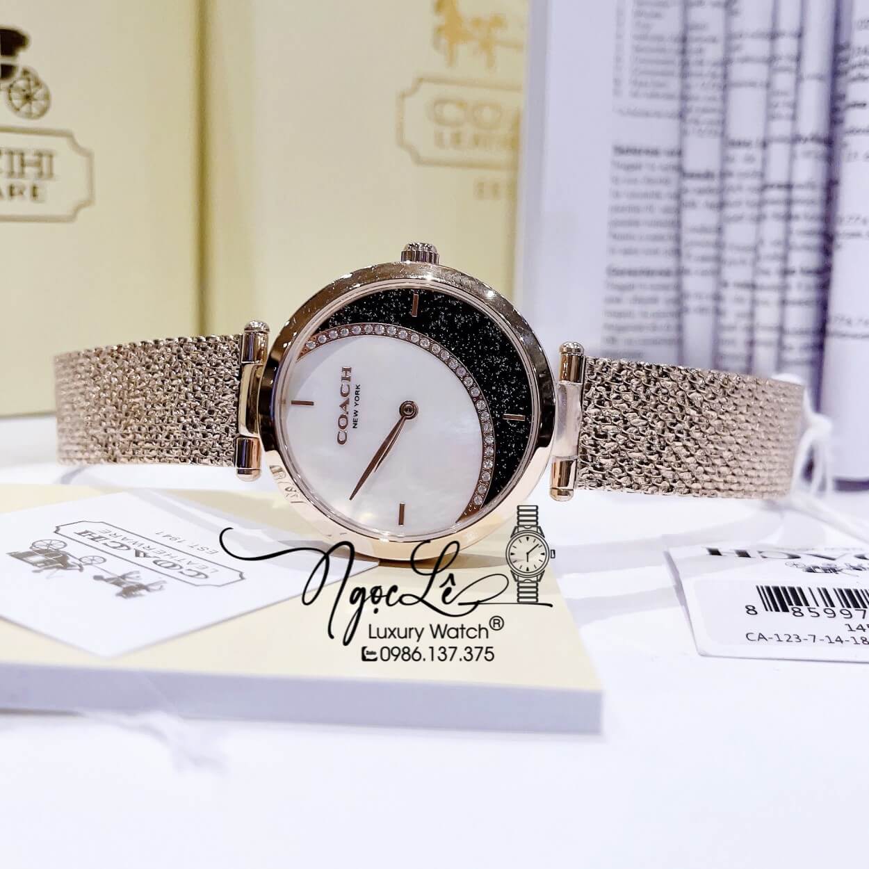 Đồng Hồ Nữ Hiệu Coach Dây Mesh Rose Mặt Trăng Sao Size 36mm