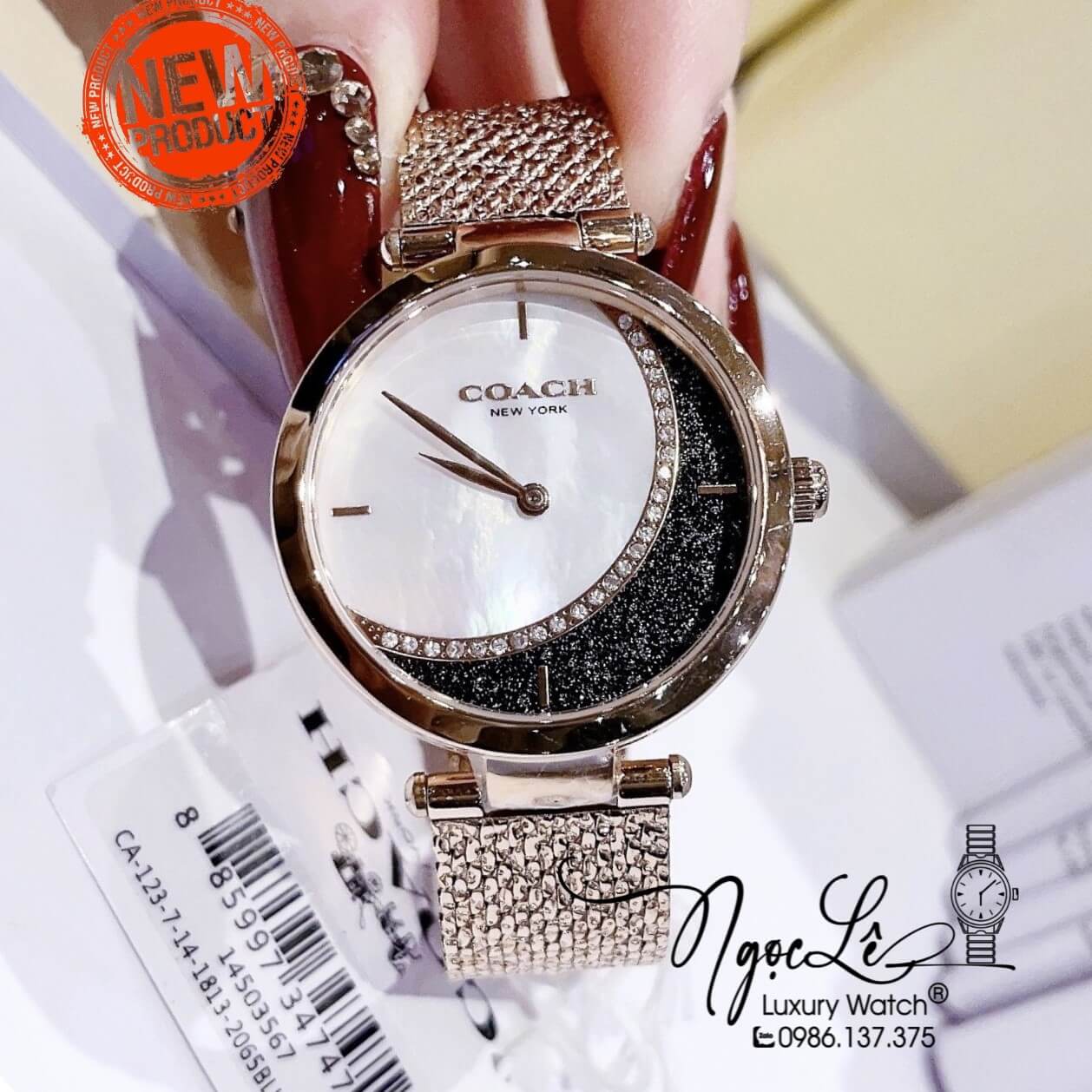 Đồng Hồ Nữ Hiệu Coach Dây Mesh Rose Mặt Trăng Sao Size 36mm