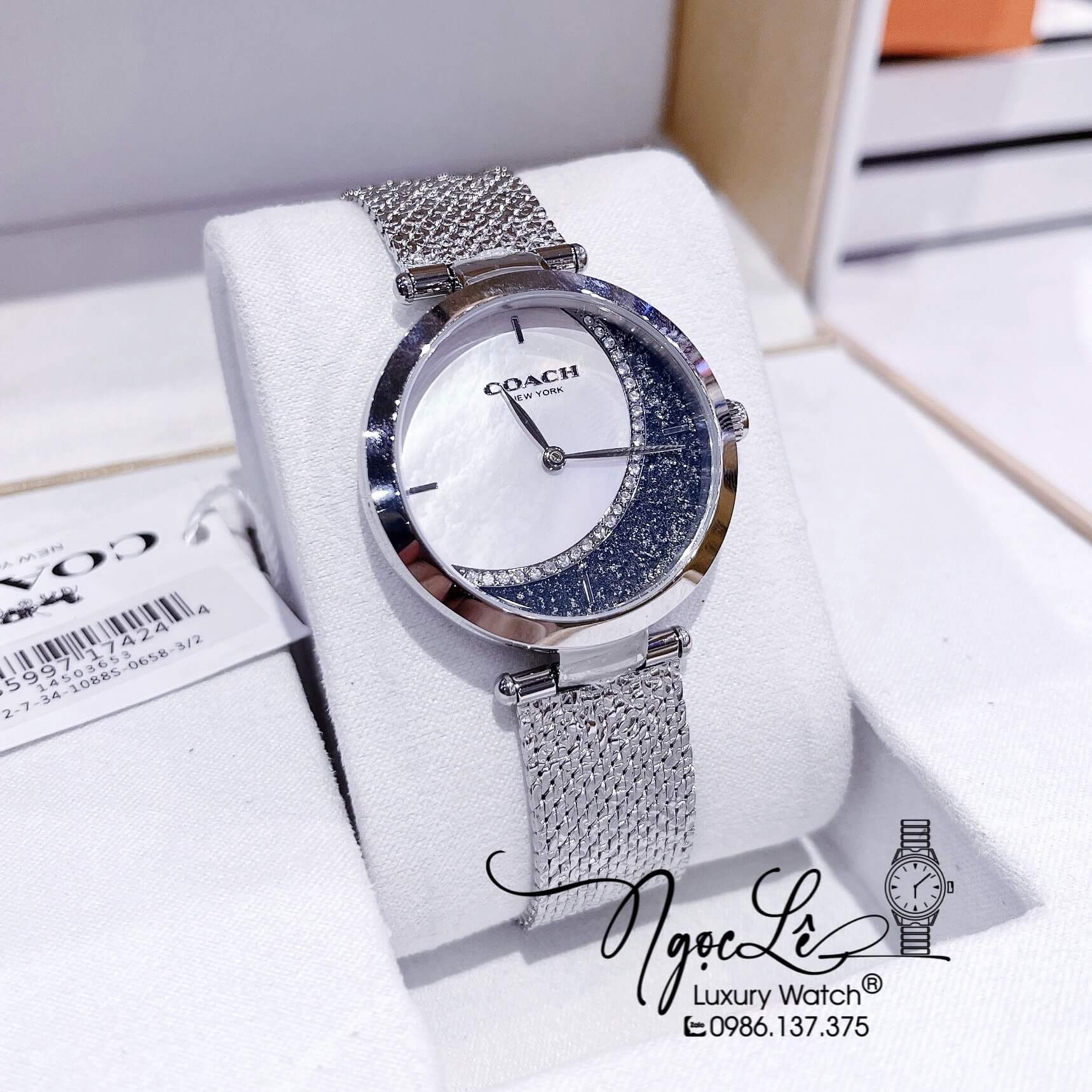 Đồng Hồ Nữ Hiệu Coach Dây Mesh Màu Silver Mặt Trăng Sao Size 36mm