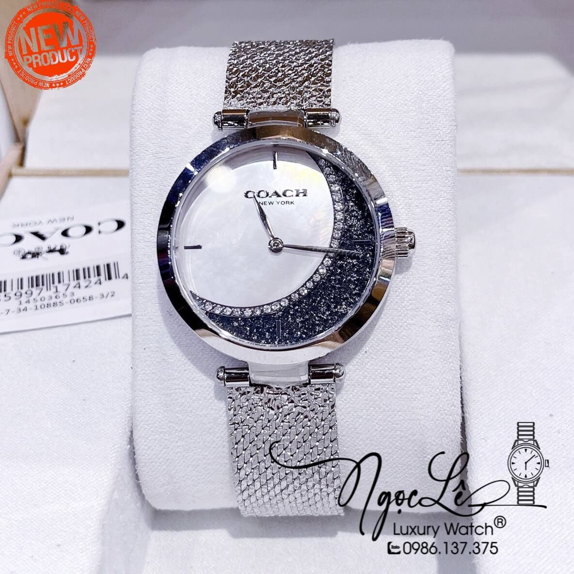 Đồng Hồ Nữ Hiệu Coach Dây Mesh Màu Silver Mặt Trăng Sao Size 36mm