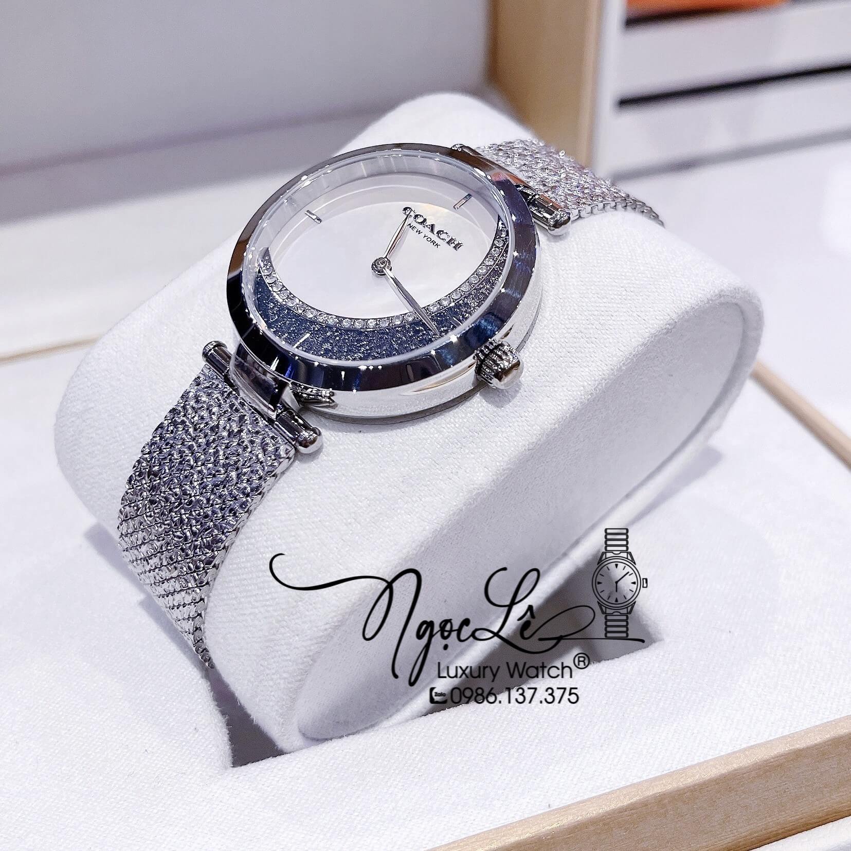 Đồng Hồ Nữ Hiệu Coach Dây Mesh Màu Silver Mặt Trăng Sao Size 36mm