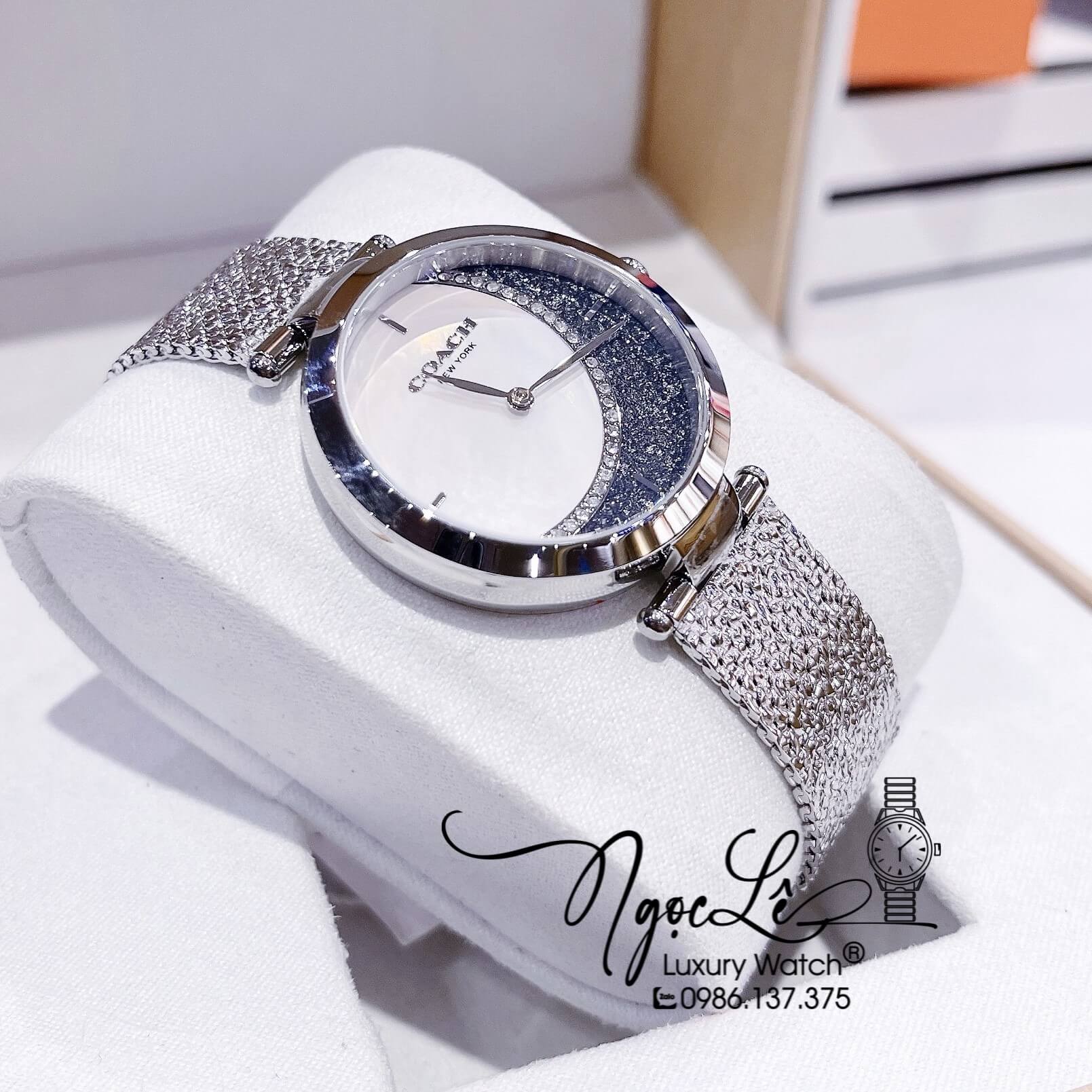 Đồng Hồ Nữ Hiệu Coach Dây Mesh Màu Silver Mặt Trăng Sao Size 36mm