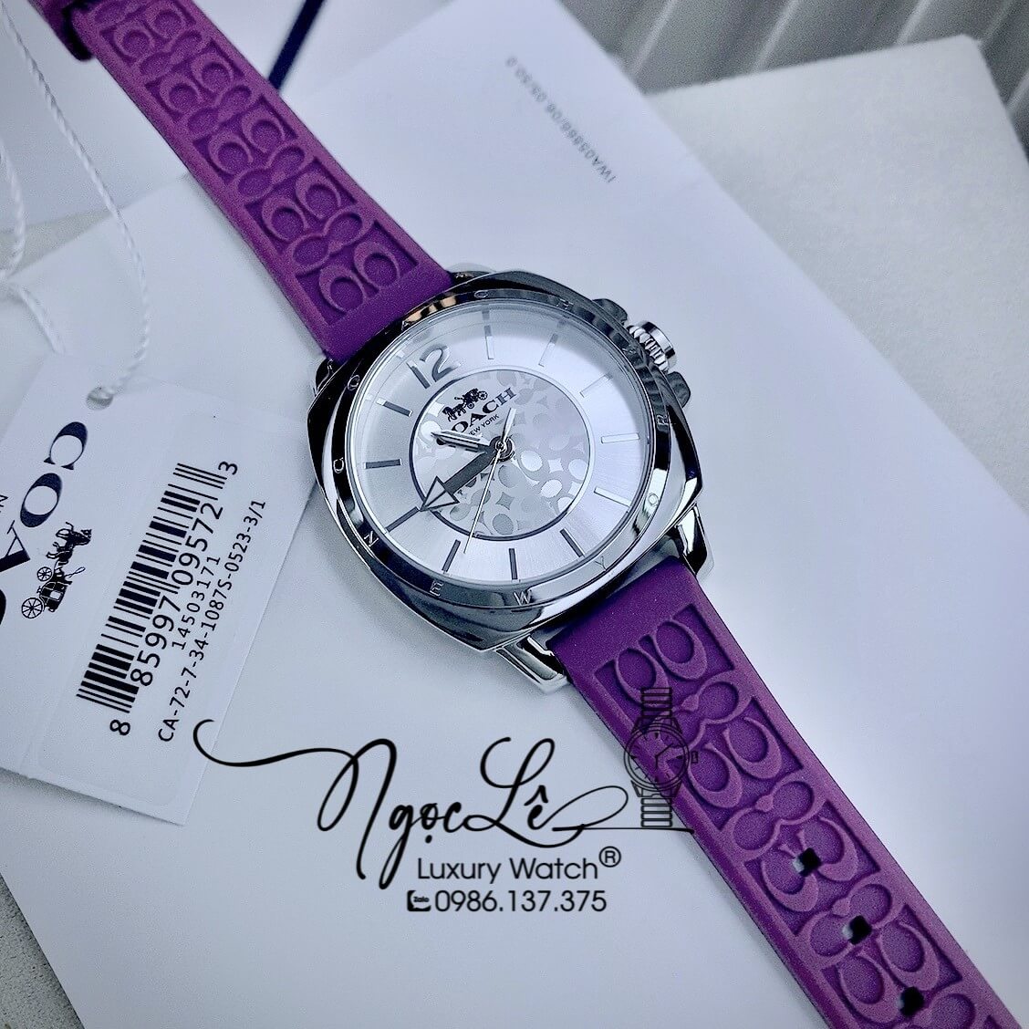 Đồng Hồ Nữ Hiệu Coach Dây Silicon Màu Tím Vỏ Bạc Size 35mm