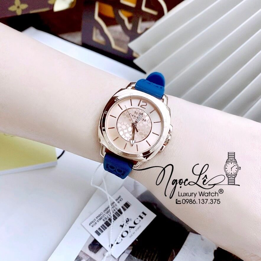 Đồng Hồ Nữ Hiệu Coach Dây Silicon Màu Xanh Navy Vỏ Rose Size 35mm