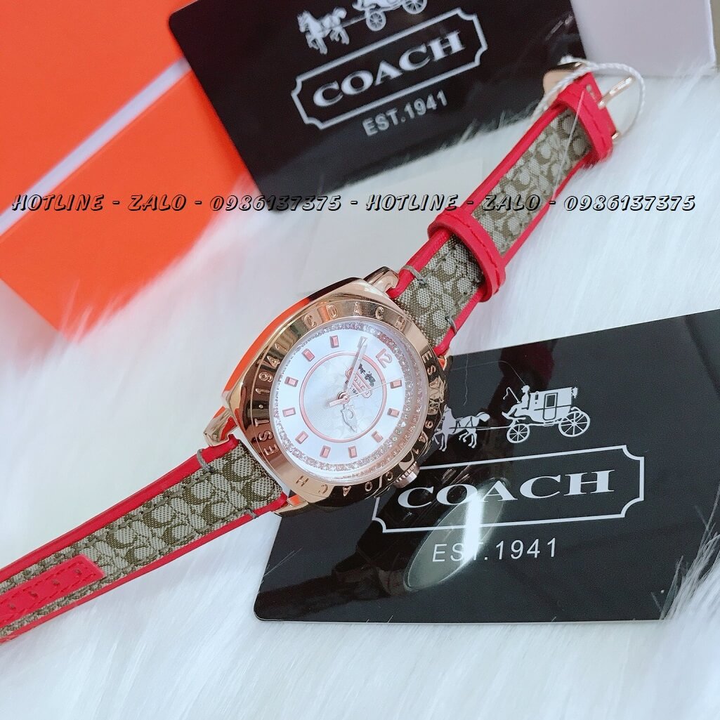 Đồng Hồ Coach Nữ Dây Da Viền Đỏ Mặt Trơn 35mm Vỏ Vàng Hồng