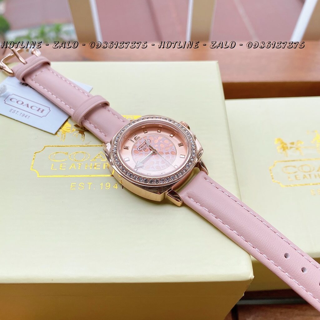 Đồng Hồ Coach Nữ Dây Da Hồng Mặt Đính Đá 35mm