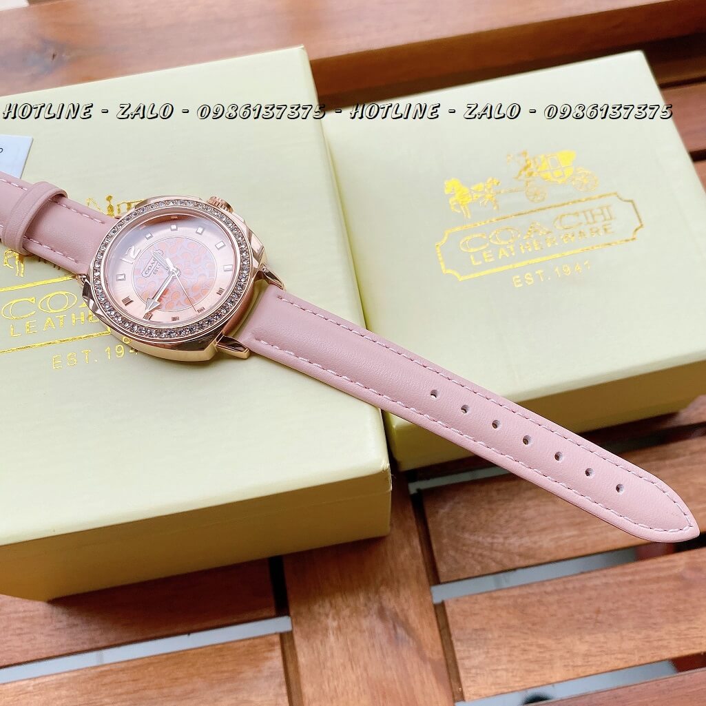 Đồng Hồ Coach Nữ Dây Da Hồng Mặt Đính Đá 35mm