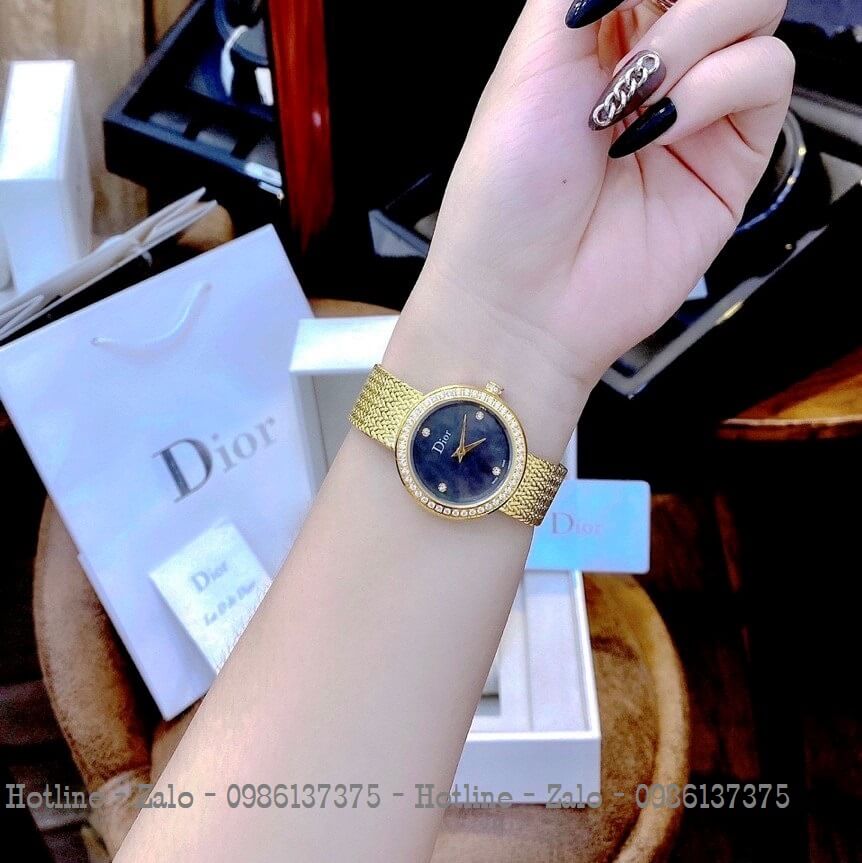 Đồng Hồ Dior Nữ Dây Mesh Lưới Vàng Mặt Đen 31mm