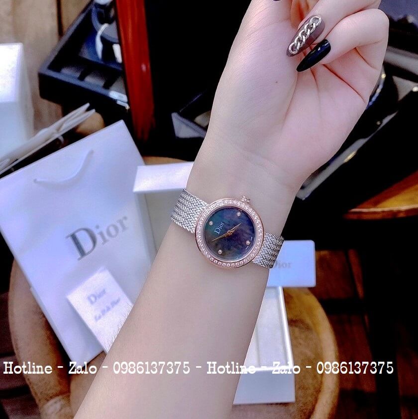 Đồng Hồ Dior Nữ Dây Mesh Demi Bạc Mặt Đen 31mm