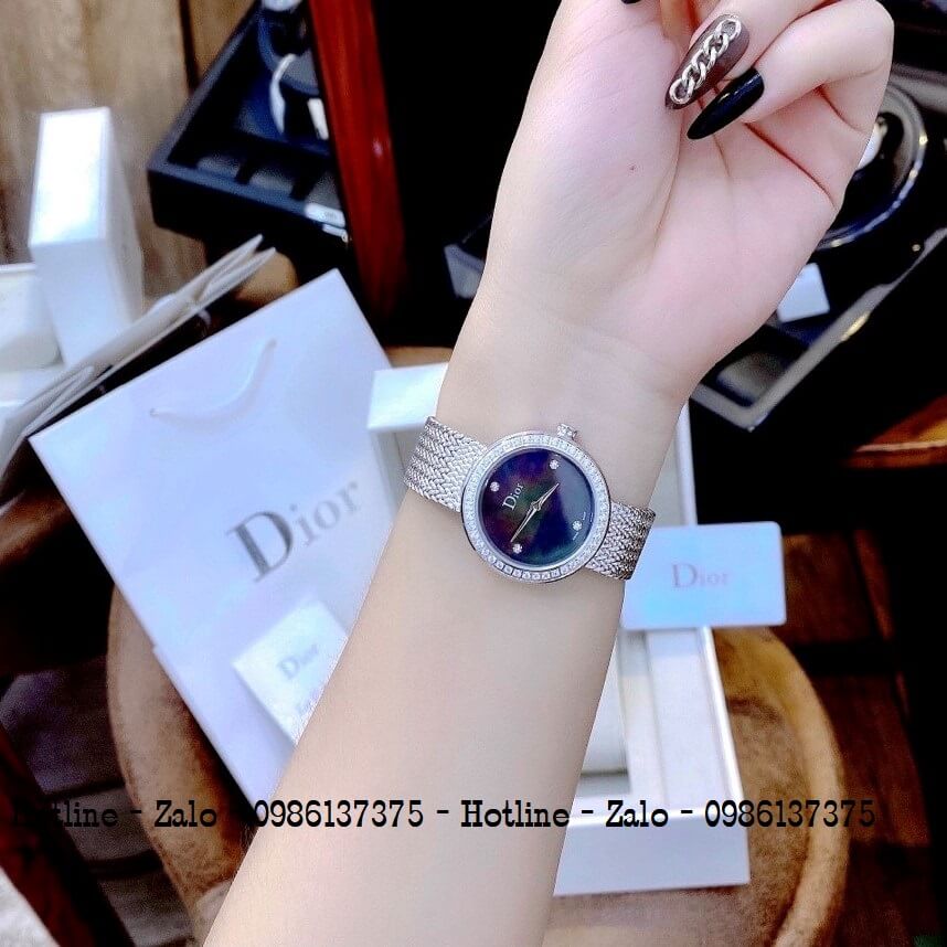 Đồng Hồ Dior Nữ Dây Mesh Bạc Mặt Đen Xà Cừ 31mm