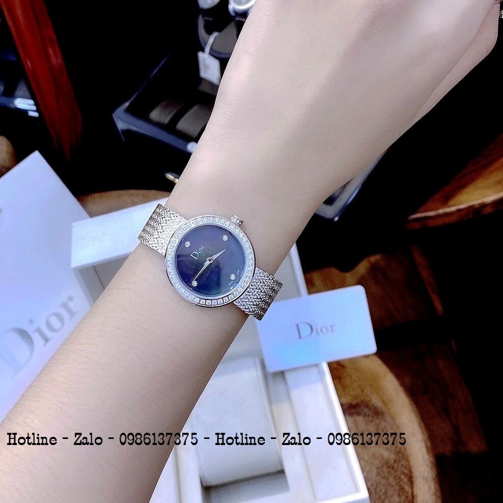 Đồng Hồ Dior Nữ Dây Mesh Bạc Mặt Đen Xà Cừ 31mm