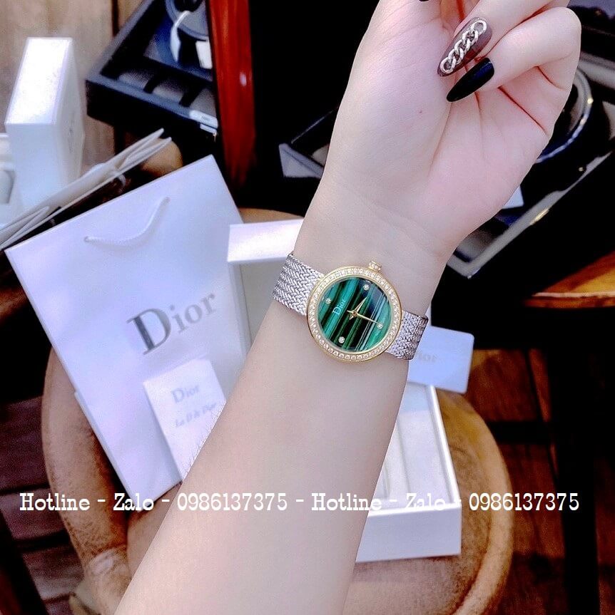 Đồng Hồ Dior Nữ Dây Mesh Demi Bạc Mặt Xanh Ngọc 31mm