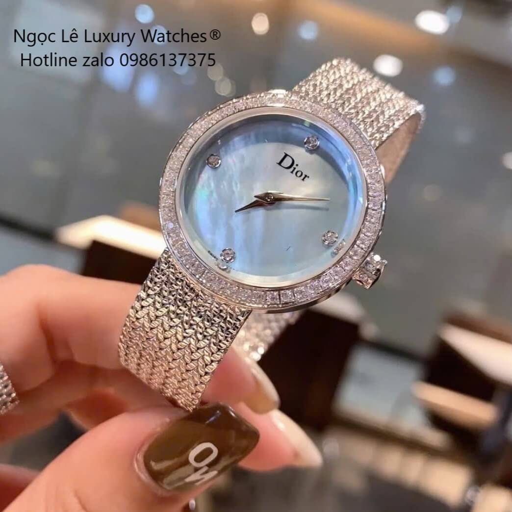 Đồng Hồ Nữ Christian Dior Satine Mặt Xà Cừ Xanh Đính Đá Dây Lưới Silver Size 30mm