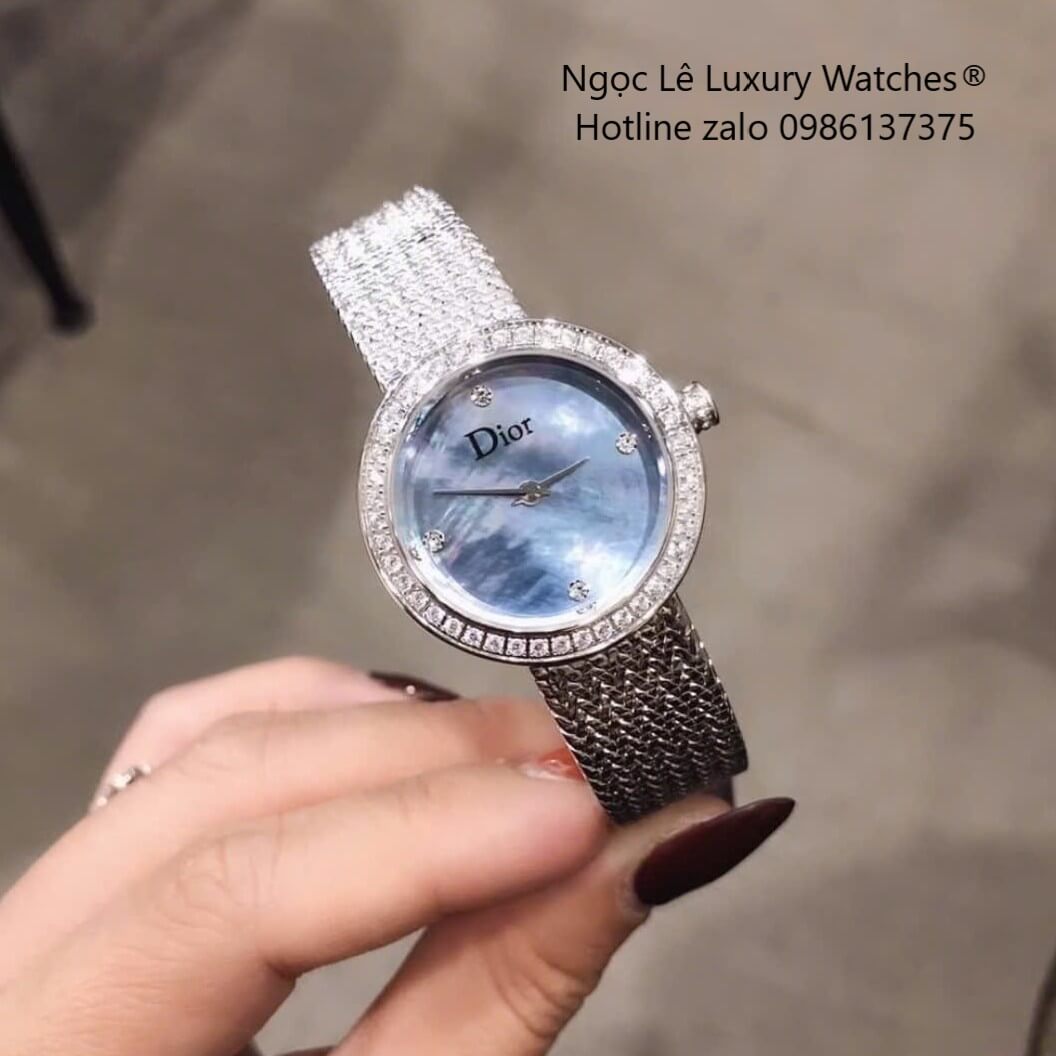 Đồng Hồ Nữ Christian Dior Satine Mặt Xà Cừ Xanh Đính Đá Dây Lưới Silver Size 30mm