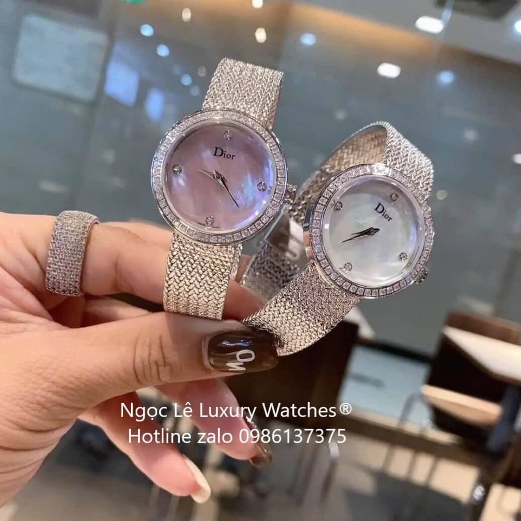Đồng Hồ Nữ Christian Dior Satine Mặt Xà Cừ Hồng Đính Đá Dây Lưới Silver Size 30mm
