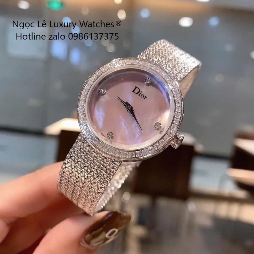 Đồng Hồ Nữ Christian Dior Satine Mặt Xà Cừ Hồng Đính Đá Dây Lưới Silver Size 30mm