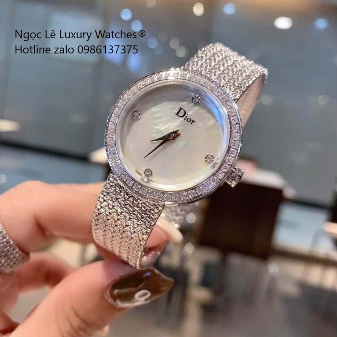 Đồng Hồ Nữ Christian Dior Satine Mặt Xà Cừ Đính Đá Dây Lưới Silver Size 30mm