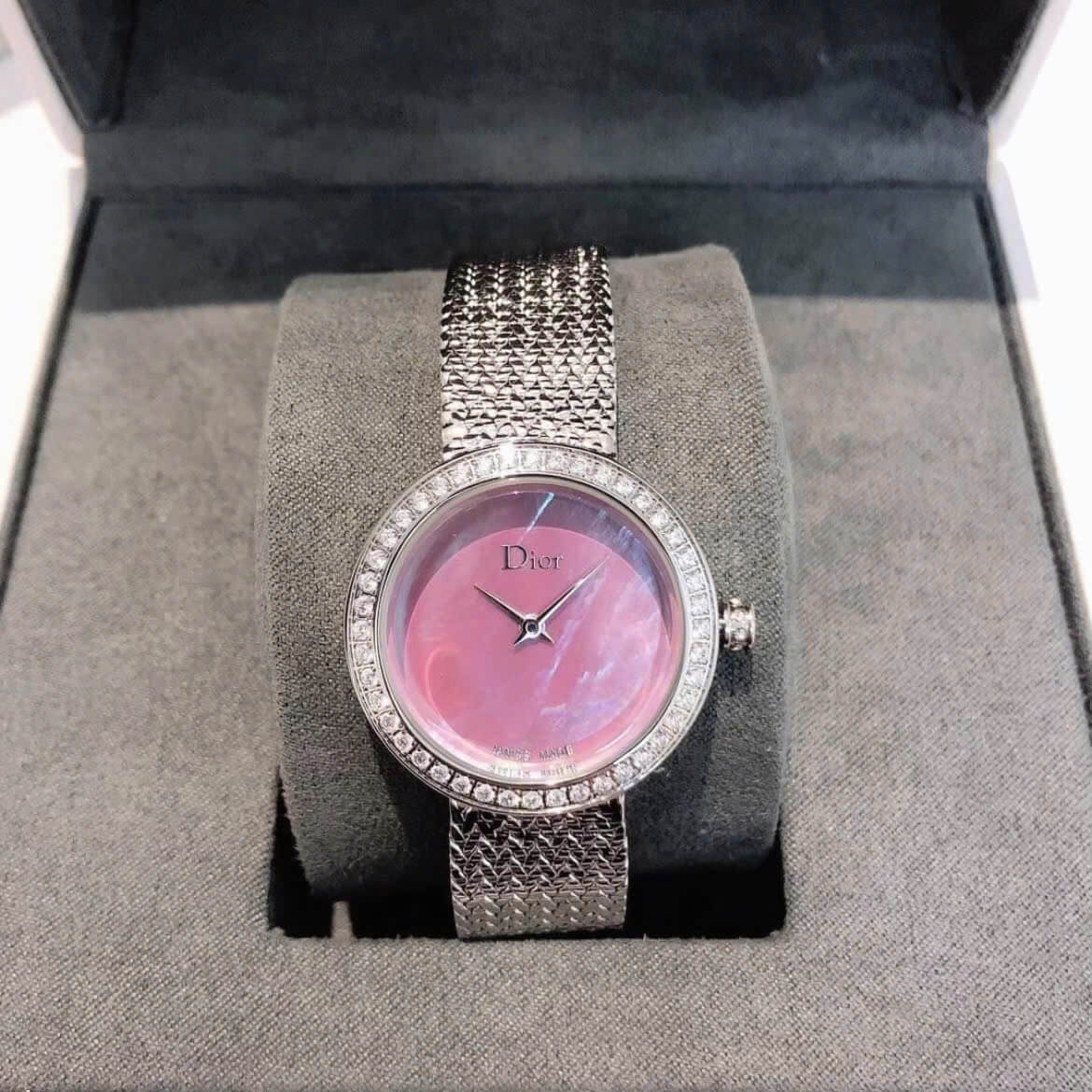 Đồng Hồ Nữ Christian Dior Satine Mặt Xà Cừ Hồng Đính Đá Dây Lưới Silver Size 30mm